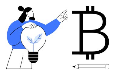 Bitcoin işaretini işaret eden kadın, ampulü yaprakla tutarken, yeniliği, finansal teknolojiyi, ekolojik bilinci sembolize ediyor. Kripto para birimi, fintech, sürdürülebilirlik ve yatırım için ideal