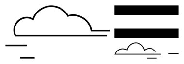 Yatay çubuklu siyah-beyaz bulut tasarımı veri akışını, depolamayı ve dijital iletişimi akla getiriyor. Teknoloji, veri yönetimi, bulut hesaplama, yenilik, minimalizm, ağ oluşturma için ideal