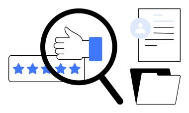 Büyütülmüş cam başparmaklar ve beş yıldız, profil simgesi ve klasörü olan belge. Geri bildirim, kalite kontrolü, değerlendirme, değerlendirmeler, profesyonel hizmetler, performans analizi için ideal