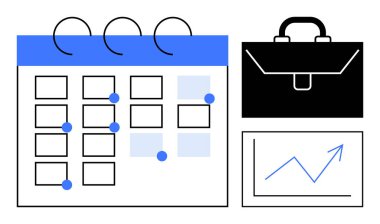Vurgulanmış tarihler, siyah evrak çantası ve çizgi büyüme grafiği gösterim organizasyonu, zaman yönetimi ve verimliliği olan takvim. İş için ideal, planlama, strateji, büyüme başarısı