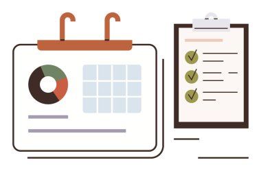 Tamamlanmış görevleri işaretli olarak gösteren bir kontrol listesinin yanında turta grafiği ve ızgara çizelgesi olan bir takvim. Planlama, organizasyon, zaman yönetimi, iş verimliliği, zamanlama, kontrol listesi için ideal