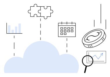 Çubuk grafik, bulmaca parçaları, takvim, büyüme grafiğini gösteren büyüteç ve bozuk para. Veri, analitik, problem çözme finans araştırma teknolojisi için ideal. A