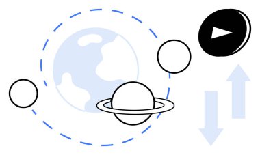 Dünya, Satürn halkalar, gezegenler, yörüngeler, yön bulma düğmesi, yön gösteren oklar. Uzay keşfi, navigasyon, yenilik teknolojisi bilim eğitimi fütürizmi için idealdir.