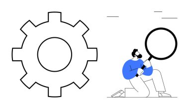 Büyüteçle diz çöküp büyük bir vitesi inceleyen bir adam. Takım çalışması, üretkenlik, araştırma, yenilik, mühendislik, sistem optimizasyonu, başarı görselleştirme için idealdir. Basit düz metafor