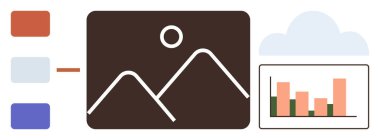 Soyut dağ resmi, bar çizelgesi, renk paleti ve bulut. Tasarım, veri, yaratıcılık, analitik markalaşma sunumu pazarlama için ideal. Temiz ve basit düz metafor