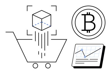 3 boyutlu taramalı alışveriş arabası, Bitcoin sembolü, analitik çizelgesi. Engelleme zinciri, e-ticaret, kripto ödemeleri, dijital dönüşüm, finansal büyüme, veri görselleştirmesi için ideal düz metafor