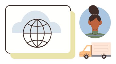 Bulutlardaki dünya, kadın portresi, dağıtım kamyonu vurgulanmış iletişim, lojistik, ulaşım, ekip çalışması, ağ operasyonları. Nakliye, küreselleşme teknolojisi işbirliği e-ticaret için ideal