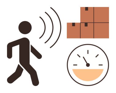 Sinyal dalgaları, kutular ve gösterge simgesi ile yürüyen kişi. Lojistik, iş akışı optimizasyonu, zaman yönetimi, izleme sistemleri, hızlı izleme, depo verimliliği ve dağıtımı için ideal