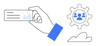 Elinde fotoğraf ve mesajla bir kart tutuyor. Yakınlarda, insan simgesi ve bulutu olan bir vites. Yönetim, kimlik, takım çalışması, ağ oluşturma, veri depolama, yenilik için ideal basit düz metafor