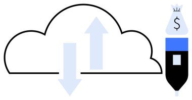Yükleme ve indirmeyi gösteren oklarla bulut grafiği, finansal işlemleri sembolize eden dolar çantası ve siyah kalem öğesi. Bulut hesaplama, veri alışverişi, dosya depolama ve finansman için ideal