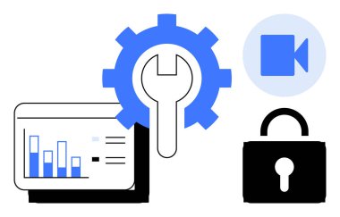 Çubuk grafik analiz ekranı, ingiliz anahtarı, video kayıt ikonu ve asma kilit. Güvenlik, analitik, araçlar, gizlilik veri yönetimi video iletişim işbirliği için idealdir. Basit düz