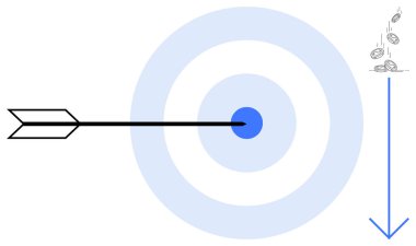 Konsantre hedef üzerine ok delici hedef, madeni paralar aşağı düşüyor. Başarı, hassasiyet, odaklanma, hedef belirleme, finansal büyüme ve doğruluk için idealdir. Basit düz metafor