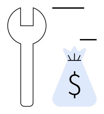 Para çantası simgesinin yanında dolar işareti olan bir anahtar, işçilik ve ekonomik kazanç arasındaki bağlantıyı vurguluyor. Finans, ekonomi, işgücü ilişkileri, yatırım stratejisi, iş planlaması için ideal