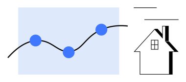 Asgari ev simgesinin yanında mavi veri noktalarıyla yükselen çizgi grafiği. Gayrimenkul, piyasa eğilimleri, analitik, yatırım, konut ekonomisi, strateji, basit düz metafor