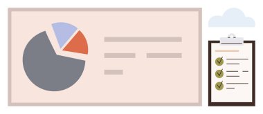 Panoda işaretli bölümlerin olduğu bir turta grafiği, analiz ve planlama listesinin yanında. İş için ideal, istatistik, eğitim, üretkenlik, organizasyon, araştırma, basit daire