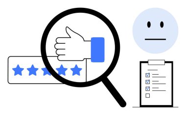 Yıldız reytingleri, kontrol listesi ve tarafsız yüzüyle büyüteç altında. Geri bildirim, anketler, müşteri memnuniyeti, değerlendirme, analitik kullanıcı deneyimi için idealdir. Temiz düz metafor