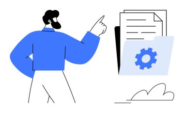 Belge ve teçhizat içeren bir klasöre bakan adam iş akışı optimizasyonunu, organizasyonu ya da takım çalışmasını sembolize ediyor. Üretkenlik, teknoloji, ofis süreçleri, veriler, planlama takım çalışması için ideal