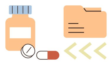 Yanında tablet ve kapsül bulunan ilaç şişesi, sağlık kayıtlarını, eczane lojistiğini veya dijital sağlık yönetimini simgeliyor. Sağlık, ilaç, hasta verileri, eczane için ideal
