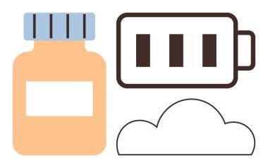 İlaç şişesi, şarj göstergeleri olan pil sembolü ve sağlık, enerji ve yeniliği temsil eden bir bulut. Sağlık, gençleştirme, teknoloji, sürdürülebilirlik depolama için ideal