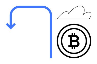 Mavi kıvrımlı ok bir bulut ve Bitcoin ikonunu gösteriyor, dijital para, akış ve teknolojiyi vurguluyor. Kripto para birimi, finans, engelleme zinciri, bulut depolama, dijital dönüşüm verileri için ideal