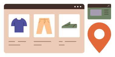 Giysi ve ayakkabı ürünlerinin yer aldığı çevrimiçi mağaza arayüzü, açılır pencere ve turuncu lokasyon rozeti. E-ticaret, alışveriş, perakende, teslimat, navigasyon için ideal, yerel işletme sade iniş