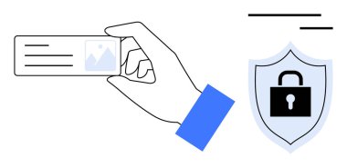 Üzerinde kilit simgesi olan kimlik kartı tutan bir el. Veri güvenliği ve mahremiyeti simgeliyor. Kimlik doğrulama, siber güvenlik, gizlilik, koruma, kimlik doğrulama, erişim denetimi için ideal
