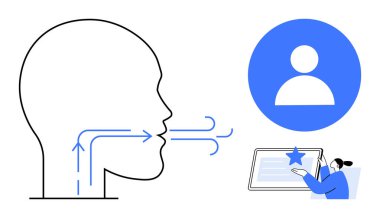 Konuşmayı simgeleyen hava akışı çizgileri olan insan kafası, dijital profil ikonu, tablet üzerinde etkileşen kullanıcı. İletişim, teknoloji, konuşma tanıma, profil, eğitim, bağlantı için ideal