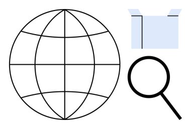 Dünya coğrafi bağlantıyı özetliyor, kargo veya ambalaj için kutu, araştırma veya keşif için büyüteç. E-ticaret, lojistik, küreselleşme, araştırma, veri, ticaret analizi için ideal
