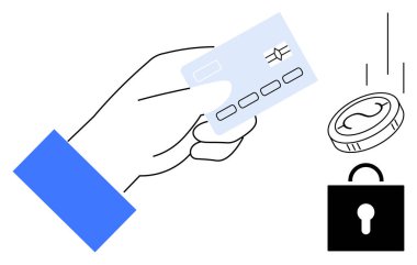 Kilide düşen bir kart ve para, güvenli ödemeler, finansal işlemler, çevrimiçi bankacılık, e-ticaret, veri güvenliği, fintech yeniliği, güvenlik sistemleri, basit düz metaforu temsil ediyor