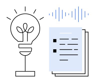 Yaratıcılık metaforu olarak ampul, iletişimi sembolize eden ses dalgası ve planlamayı resmeden düzenli belgeler. Yenilik, beyin fırtınası, strateji geliştirme, fikirler, iletişim için ideal