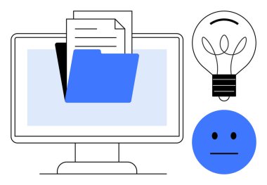 Dizin ve belgeleri gösteren bilgisayar monitörü fikirleri ve duygu yüzünü sembolize eden ampul. Üretkenlik, yenilik, analitik, organizasyon, eğitim duyguları modern teknoloji için idealdir. Basit.