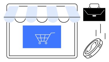 Vitrin vitrininde bir dijital alışveriş arabası, bir iş çantası ve alım satımı ve ticareti vurgulayan bir madeni para. E-ticaret, ticaret, ticaret, ekonomi ve satış için ideal