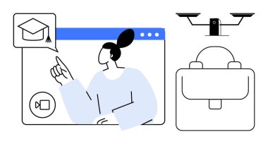 Çevrimiçi öğrenim ortamı, mezuniyet şapkası, sırt çantası ve güvenlik kameraları ile etkileşimde olan biri. E- öğrenim, eğitim, dijital araçlar, öğrenci hayatı, uzaktan iletişim bilgileri için ideal