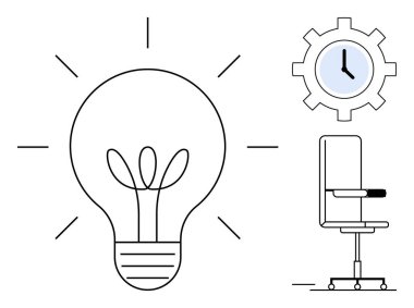 Işıklı ampul yaratıcılığı sembolize eder, dişli saat zaman yönetimini gösterir, ve çalışma alanları için ofis sandalyesi. Yenilik, iş akışı, verimlilik, takım çalışması, beyin fırtınası, tasarım için ideal