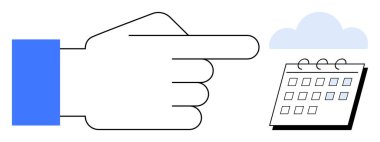 Bulutların altındaki bir takvime el hareketi dijital programı, zaman yönetimini ve planlamayı sembolize eder. Üretkenlik, organizasyon, takım çalışması, bulut depolama, uzak çalışma teknolojisi için ideal