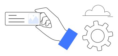 Yanında ekipman ve bulut olan el ele tutuşma kartı. Kimlik doğrulama, kişisel veri, bulut teknolojisi, takım çalışması, işlevsellik, sistem entegrasyonu, basit düz metafor