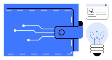 Devre bağlantıları olan elektronik cüzdan, belge arayüzü ve yenilik, finans ve yaratıcılığı sembolize eden parlayan ampul. Fintech, fikirler, tasarruflar, güvenlik teknolojisi ödemeleri için ideal