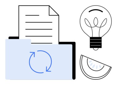 Tazelenmiş oklar, fikirleri resmeden ampul ve tazeliği ya da gençleşmeyi sembolize eden karpuz dilimi içeren dosyadan çıkan belge. Yenilik için ideal, veri, yaratıcılık, ferahlatıcı