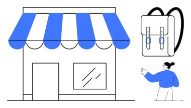 Sırt çantasının yanında güneşlik ve el kol hareketi yapan biri var. Perakende, alışveriş, yerel işletme, e-ticaret, moda, eğitim ve müşteri hizmetleri kavramları için idealdir. Temiz düz metafor