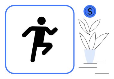 Çubuk figür, enerjiyle dolar işaretli yüksek fabrikaya doğru koşuyor. Büyüme, finans, yatırım, motivasyon, fırsat, hedef belirleme, kariyer başarı kavramları için idealdir. Basit düz metafor