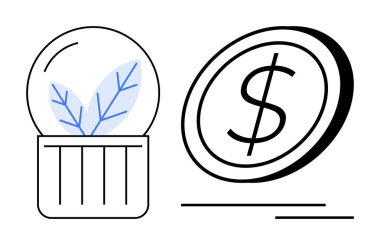 Şeffaf kubbeye bir dolar ile birlikte ekonomik değeri simgeleyen sürdürülebilirliği simgeleyen bir bitki. Finans, yeşil enerji, eko-ticaret, yatırım, sürdürülebilirlik, ekolojik yenilik için ideal