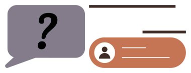 Konuşma balonu içinde metin satırlı kullanıcı profili kartının yanındaki soru. Müşteri desteği, etkileşim, mesajlaşma, iletişim, sorgulama, ağ oluşturma, forumlar için idealdir. Basit düz metafor