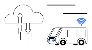 Akıllı bir otobüse bağlı veri okları olan bulut IOT, iletişim ve veri paylaşımını sembolize ediyor. Ulaşım, IOT, teknoloji, bağlantı, kentsel hareketlilik, otomasyon zekası için ideal