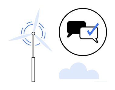 Rüzgar türbini yenilenebilir enerjiyi sembolize eder, işaretli sohbet baloncukları iletişimi ve doğrulamayı önerir, bulut en az estetiği de ekler. Sürdürülebilirlik, takım çalışması, yeşil enerji ve yenilik için ideal