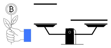 Bitcoin ile bir bitkiyi dengeli bir ölçekte mali istikrarı temsil eden bir madeni parayla tutarak. Kripto para birimi, engelleme zinciri, finans, sürdürülebilirlik, yatırım, eko-bilinç için ideal