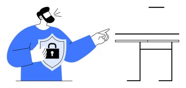 Kilitli bir kalkan tutan kişi güvenliği vurguluyor, masayı işaret ediyor. Siber güvenlik, koruma, sunum, takım çalışması, uyum, farkındalık, veri güvenliği temaları için ideal minimum düz metafor