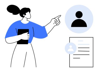 Bir tablet tutan ve bir kullanıcı simgesi ve profil belgesine işaret eden bir kadın. İşe alım, işe alım, insan kaynakları, iş bulma, iş arama, yetenek edinme ve profesyonel yönetim için ideal. Basit düz