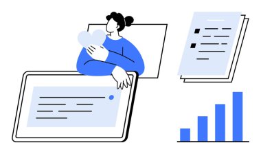 Tablet, dokümanlar ve bar tablosuyla birlikte kalbi tutan şahıs. Teknoloji, dijital iletişim, aşk, kişisel bakım, ilerleme veri analizi iş akışı kavramları için idealdir. Basit düz