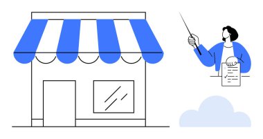 Mavi-beyaz mağazalar ve sözleşmeli kişiler küçük işletmeleri, anlaşmaları ve danışmanlığı sembolize ediyor. Perakende, girişimcilik, rehberlik, sözleşmeler, yerel işletmeler ve eğitim için ideal