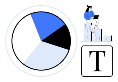 Farklı renklerde pasta tablosu, diz üstü bilgisayarı olan bir kadın, kalın kalın bir yazı. İş analizleri, veri görselleştirmesi, ölçüler, raporlar, tipografi, strateji basit düz metafor için idealdir